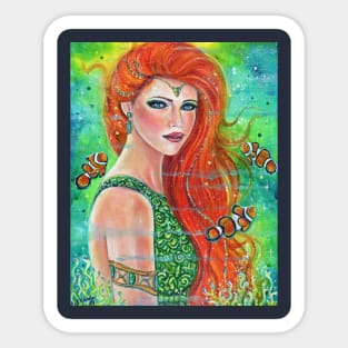 Mermaid with clown fish art by Renee Lavoie Sticker